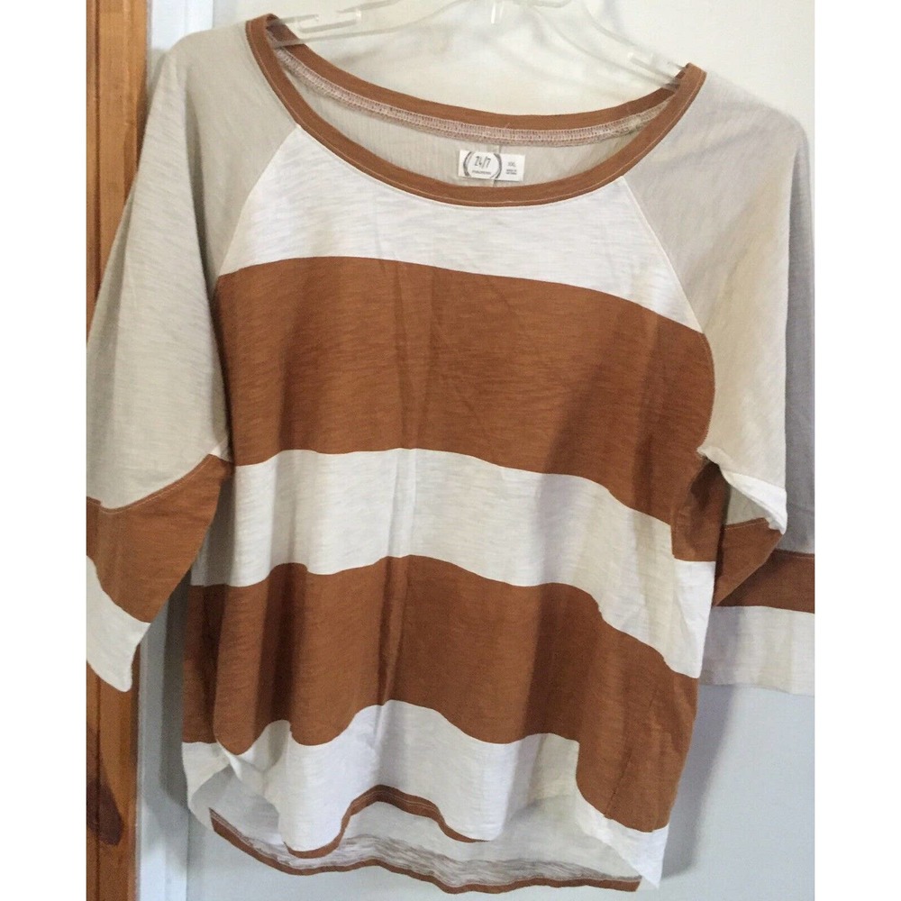 Maurices 24/7 XXL Ladies 1/2 Sleeve Shirt Tan White Striped Pull On Top